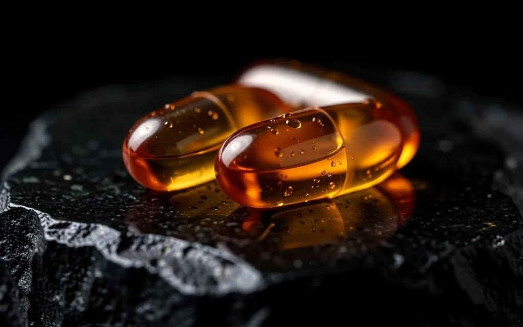 Natural supplement capsules on a dark surface