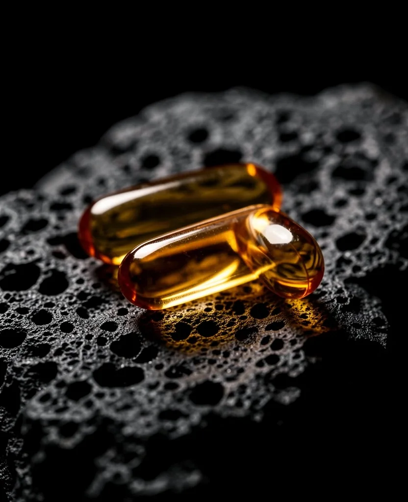 Natural supplement capsules photographed in low-key lighting