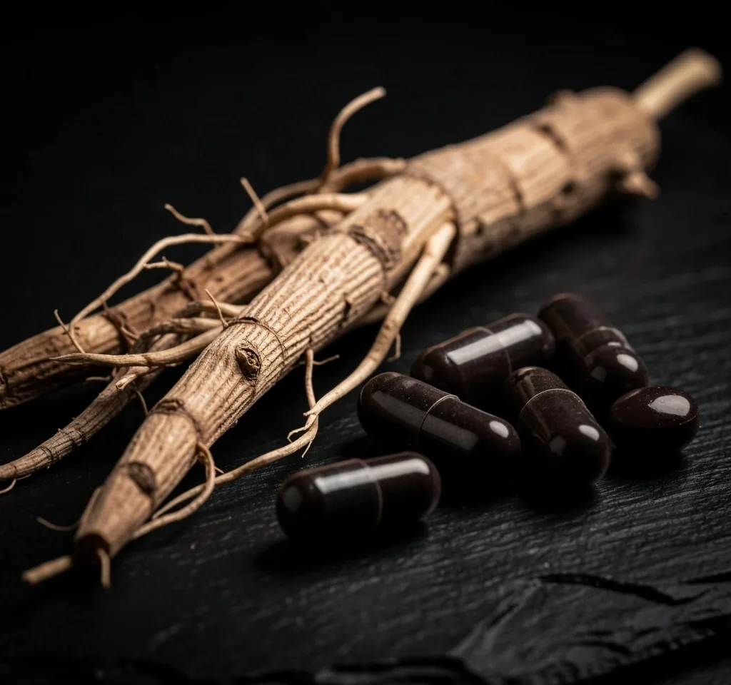 Natural supplement ingredients on dark surface
