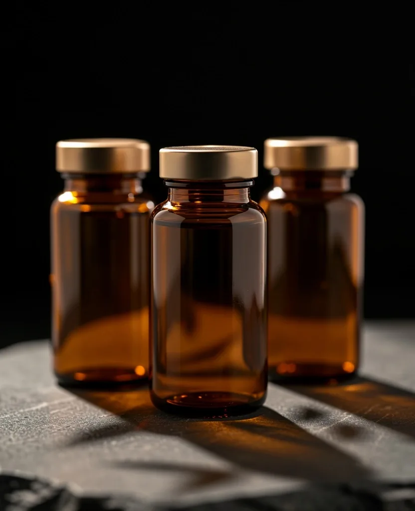 Natural supplement bottles on a dark surface