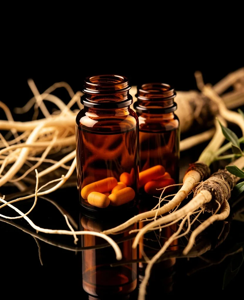 Natural supplement ingredients arranged on a dark surface